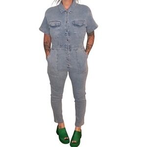BiBi Denim Jumpsuit Short Sleeve Snap Front Utility Coastal Grandmother‎ Fall M